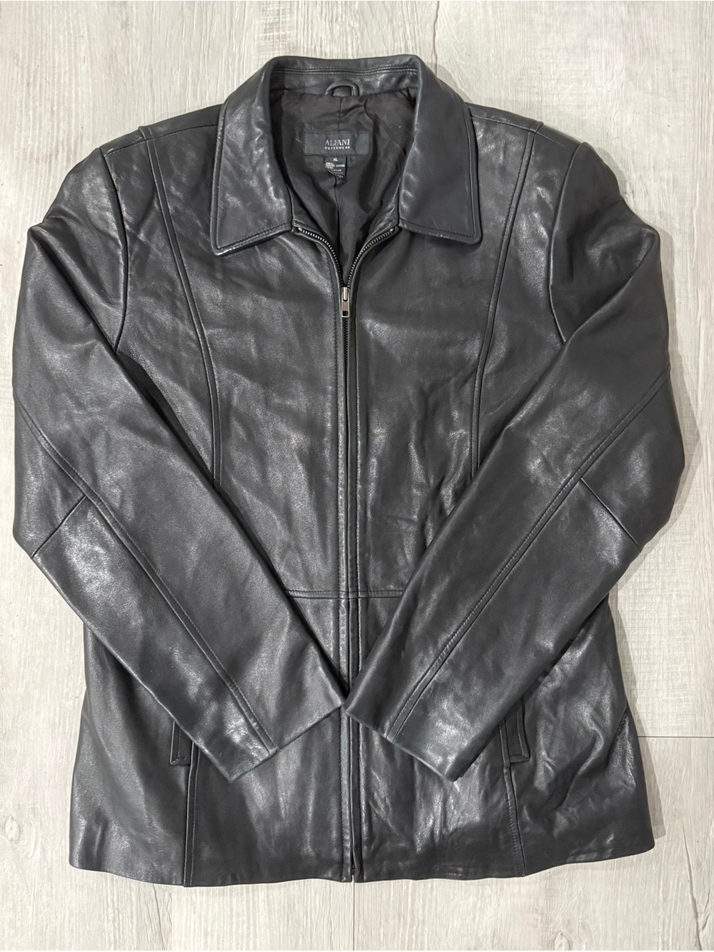 Alfani Womens Black Genuine Leather Zip Front Jacket Collared Lined Pockets XL